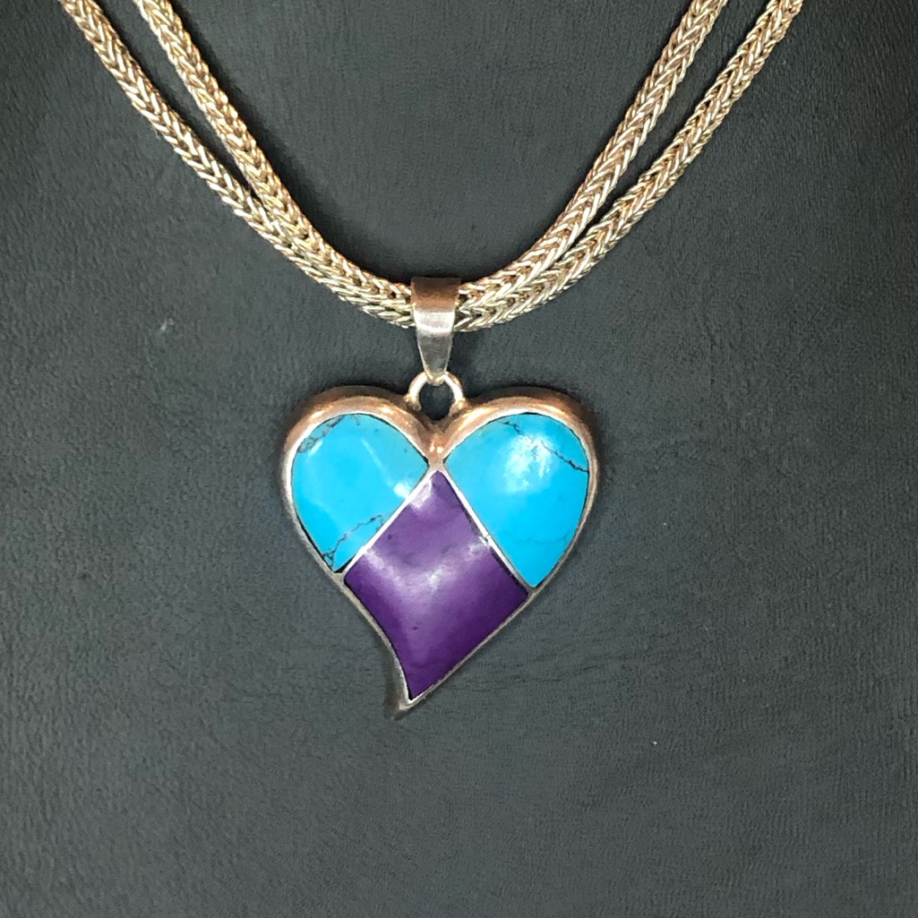Taxco Sterling Silver Inlaid Heart Pendant Lori Bonn 925 Double Chain Necklace 750$